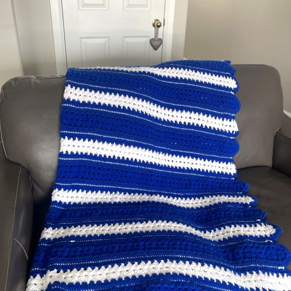 Handmade Crocheted Afghan - Throw in Vibrant Santorini Blue & White 64" X 62"